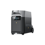 The EcoFlow portable power generator features wheels, a display screen for battery info, a sleek dark design, 6500W MultiCharge support, and works with the EcoFlow Smart Generator or Smart Extra Battery for longer use.