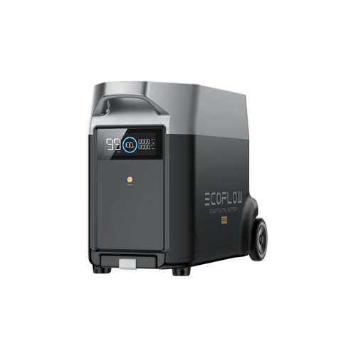 The EcoFlow portable power generator features wheels, a display screen for battery info, a sleek dark design, 6500W MultiCharge support, and works with the EcoFlow Smart Generator or Smart Extra Battery for longer use.