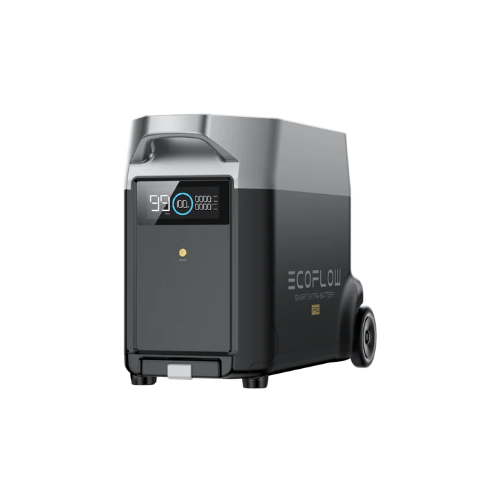 The EcoFlow DELTA Pro Smart Extra Battery features wheels for portability, a digital display for real-time battery information, and the same sleek dark design as DELTA Pro, and can also connect directly to the EcoFlow Smart Generator for extended runtime.