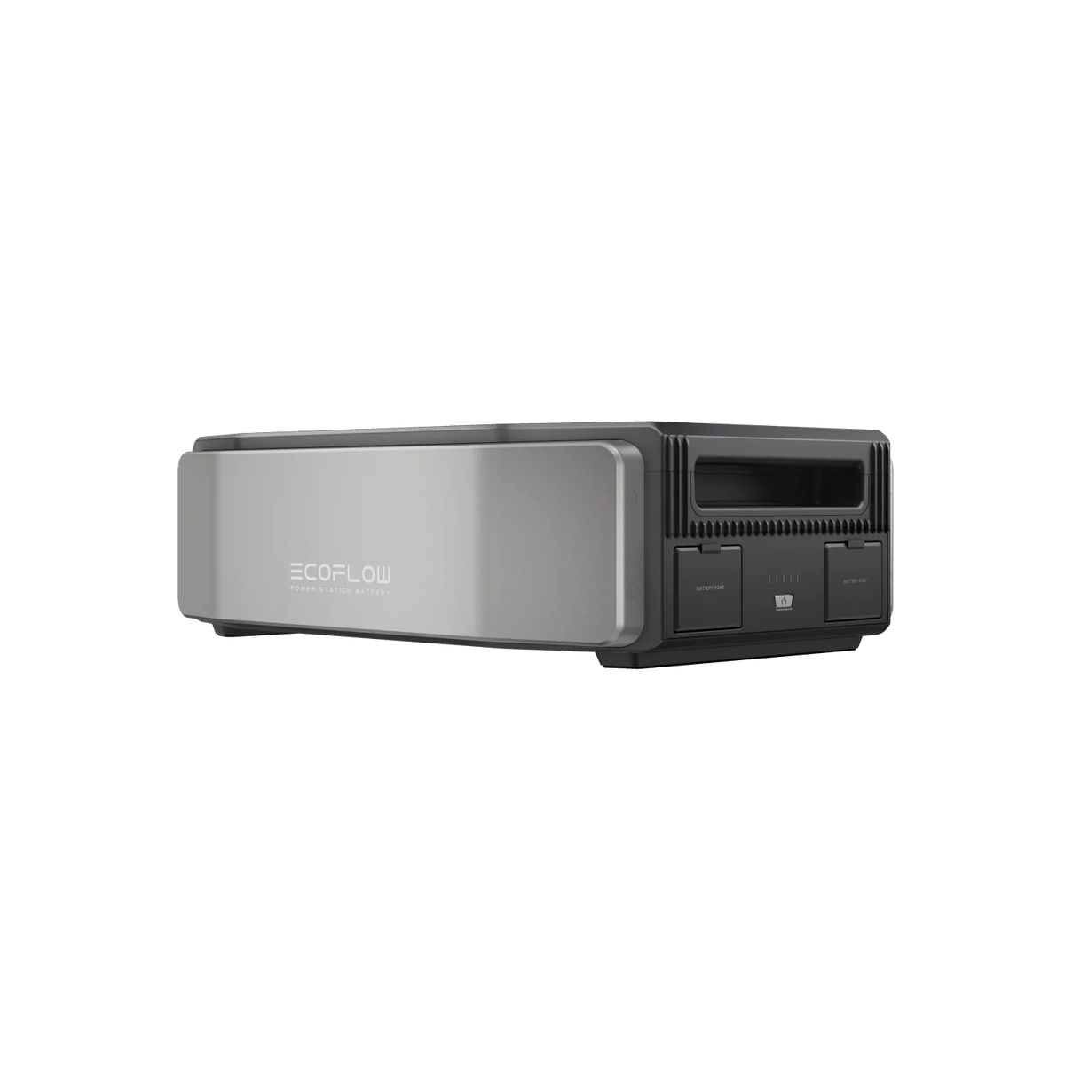 The Ecoflow DELTA Pro Ultra is a rectangular battery module featuring a metallic silver front panel and black sides, perfect for portable power storage and off-grid living.