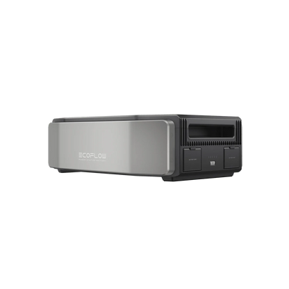 A silver and black EcoFlow battery pack or portable power station, like those from Ecoflow, sports a sleek rectangular design—perfect for off-grid power—shown from the front side on a plain white background.