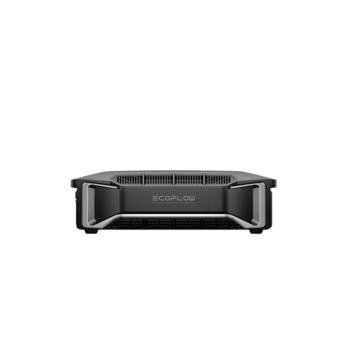 Front view of an Ecoflow portable power station, perfect for off-grid living, with a modern black and gray design, vented sides, and the Ecoflow logo prominently displayed at the center.
