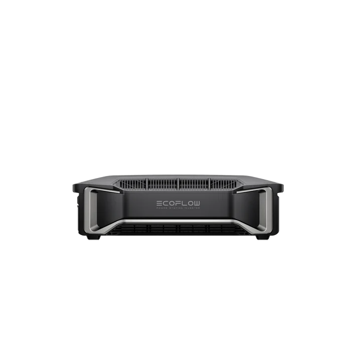 Front view of an Ecoflow portable power station, perfect for off-grid living, with a modern black and gray design, vented sides, and the Ecoflow logo prominently displayed at the center.