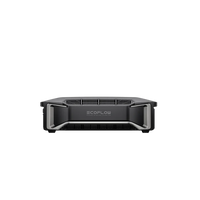 Front view of an Ecoflow portable power station, perfect for off-grid living, with a modern black and gray design, vented sides, and the Ecoflow logo prominently displayed at the center.