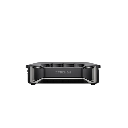 Front view of an Ecoflow portable power station, perfect for off-grid living, with a modern black and gray design, vented sides, and the Ecoflow logo prominently displayed at the center.