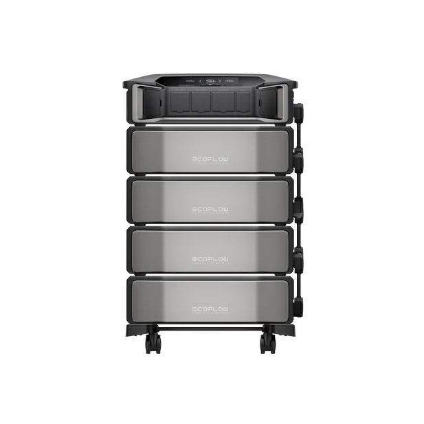 The EcoFlow DELTA Pro Ultra is a stackable, modular black and silver battery power station with four battery units and a control panel, designed for emergency preparedness with expandable capacity.