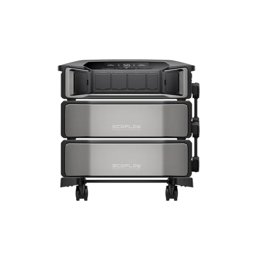 The EcoFlow DELTA Pro Ultra is a black and gray portable power station from EcoFlow with two stacked batteries, front-facing outlets, bottom wheels for easy mobility—perfect for off-grid use or pairing with a solar kit.
