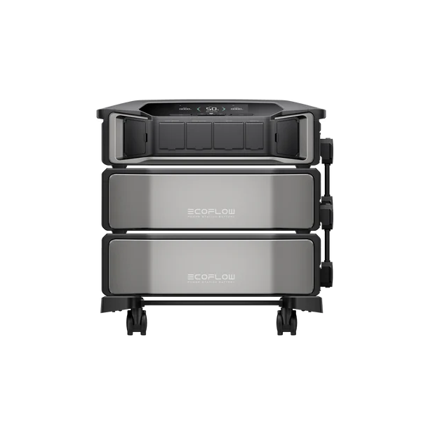 Front view of an Ecoflow DELTA Pro Ultra off-grid power system, featuring two stacked battery units on wheels, a sleek black and silver finish, and multiple input/output ports on the top section.
