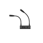 A black power strip by Ecoflow with two flexible gooseneck LED lights, two electrical outlets, and a circular control knob on the front panel makes it an ideal portable power solution. The Ecoflow brand name is visible above the outlets.