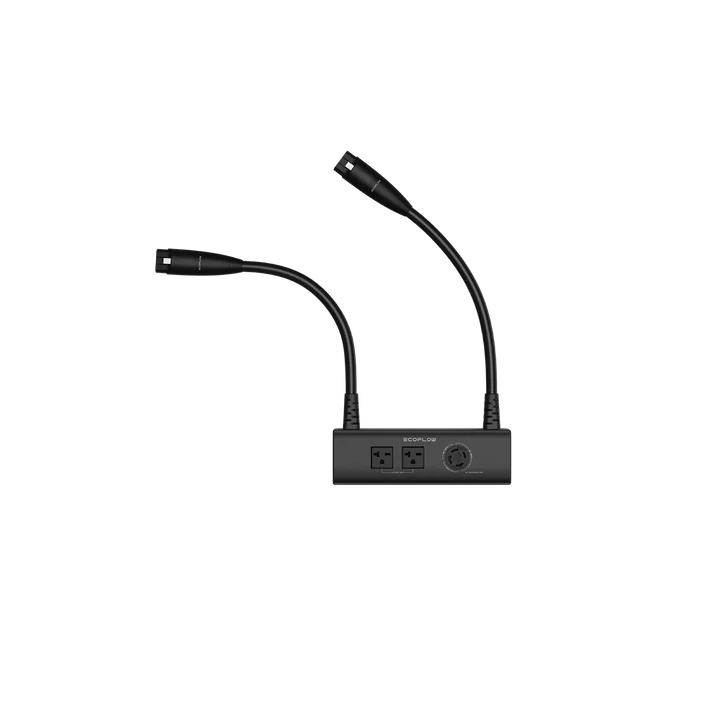 A black power strip by Ecoflow with two flexible gooseneck LED lights, two electrical outlets, and a circular control knob on the front panel makes it an ideal portable power solution. The Ecoflow brand name is visible above the outlets.
