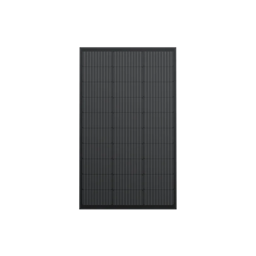 The Ecoflow 100W solar panel, featuring a visible grid pattern and a weatherproof design, is displayed against a plain black background with a white cable extending from its right side.