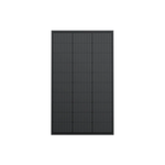 A rectangular black 100W Ecoflow solar panel with visible grid lines is displayed on a solid black background. Its weatherproof design ensures durability, and a white horizontal bar extends from the right side of the panel.