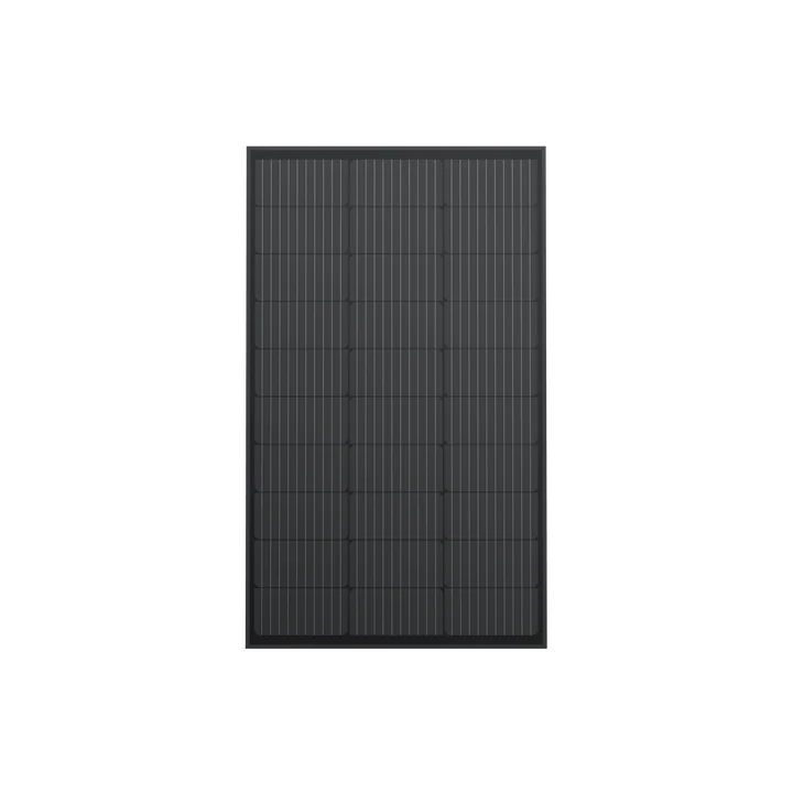 A rectangular black 100W Ecoflow solar panel with visible grid lines is displayed on a solid black background. Its weatherproof design ensures durability, and a white horizontal bar extends from the right side of the panel.