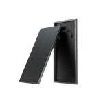 The Ecoflow black rectangular 100W solar panel, partially tilted from its frame, displays the back with attached cables and connectors. With a weatherproof design, it is shown on a transparent background.