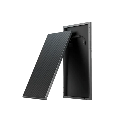 The Ecoflow black rectangular 100W solar panel, partially tilted from its frame, displays the back with attached cables and connectors. With a weatherproof design, it is shown on a transparent background.