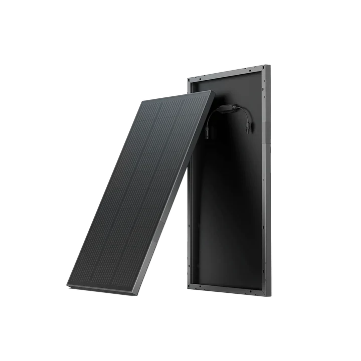 The Ecoflow black rectangular 100W solar panel, partially tilted from its frame, displays the back with attached cables and connectors. With a weatherproof design, it is shown on a transparent background.