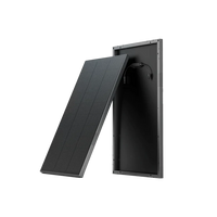 The Ecoflow black rectangular 100W solar panel, partially tilted from its frame, displays the back with attached cables and connectors. With a weatherproof design, it is shown on a transparent background.