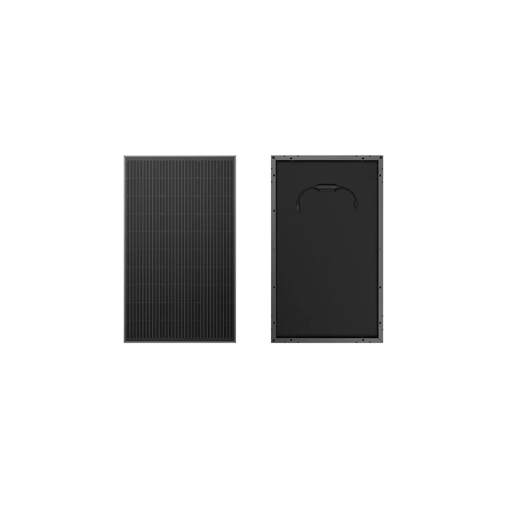 Two rectangular 100W Ecoflow solar panels are shown: one faces forward, revealing its photovoltaic cell grid; the other faces backward, displaying a plain black weatherproof surface, an electrical junction box, and attached cables.