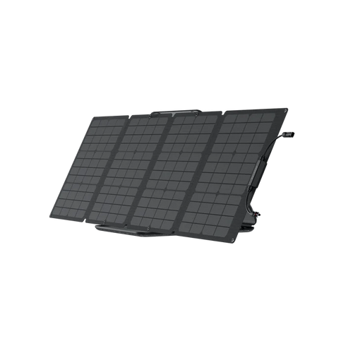 The Ecoflow black foldable portable solar panel has four rectangular segments angled to show its surface, offering a lightweight design perfect for outdoor use.