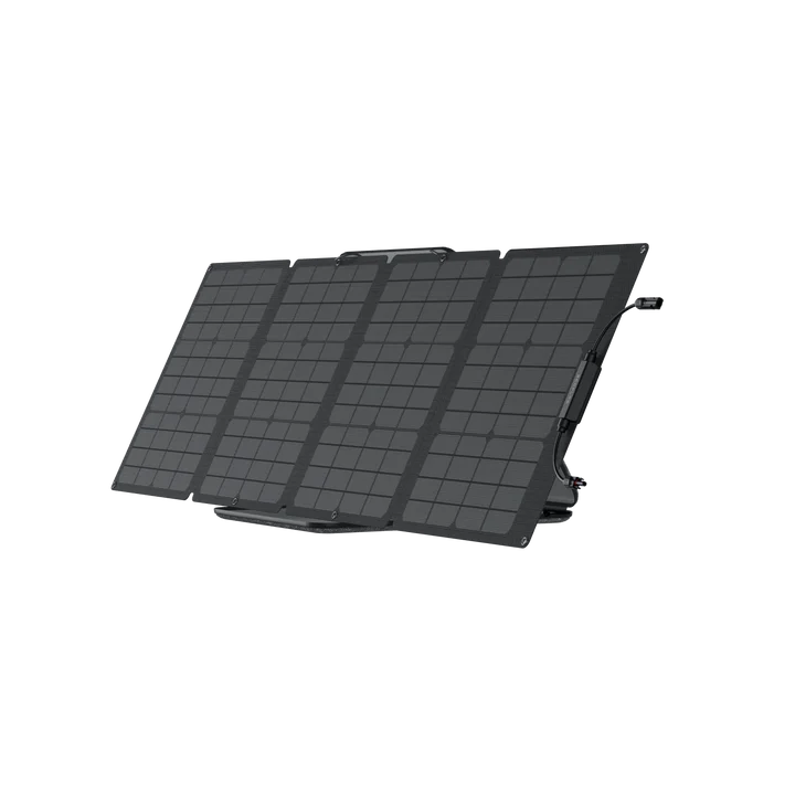 The Ecoflow black foldable portable solar panel has four rectangular segments angled to show its surface, offering a lightweight design perfect for outdoor use.