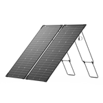 Two black, rectangular Ecoflow solar panels with a modular design are propped on folding stands, positioned side by side at an angle against a plain white background.