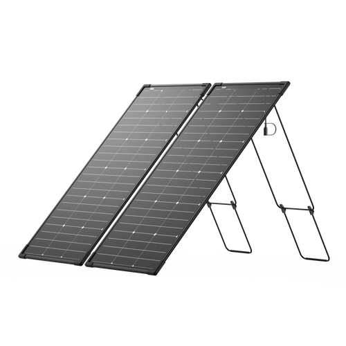 Two black, rectangular Ecoflow solar panels with a modular design are propped on folding stands, positioned side by side at an angle against a plain white background.