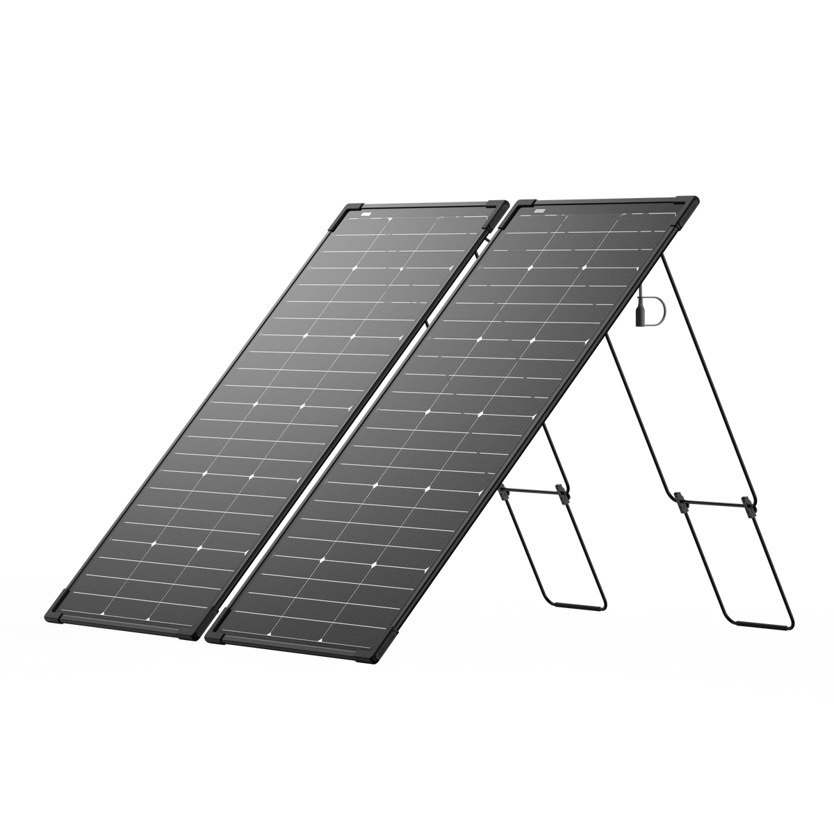 Two black, rectangular Ecoflow solar panels with a modular design are propped on folding stands, positioned side by side at an angle against a plain white background.