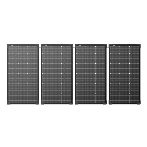 Four rectangular black Ecoflow solar panels are lined up side by side on a plain background. Each modular panel features a grid pattern with small white dots evenly distributed across its surface.