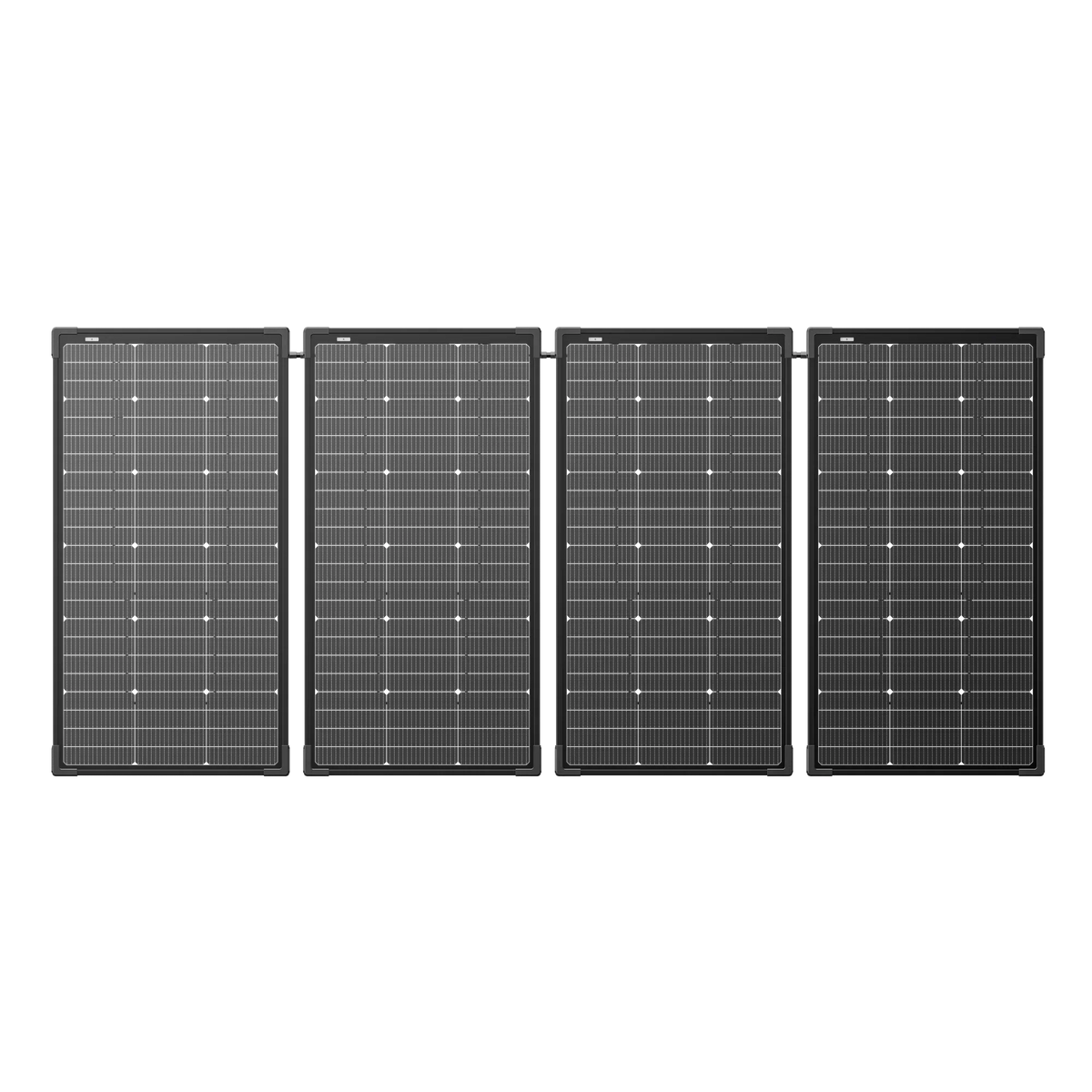 Four rectangular black Ecoflow solar panels are lined up side by side on a plain background. Each modular panel features a grid pattern with small white dots evenly distributed across its surface.
