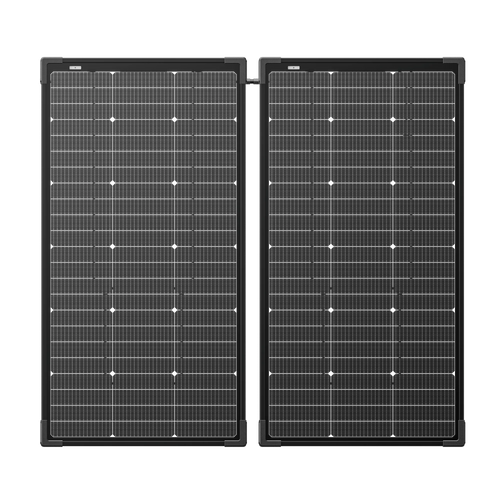 Two Ecoflow rectangular solar panels with a grid of small white dots and lines are placed side by side, highlighting their modular design for flexible installation and high conversion efficiency against a plain background.