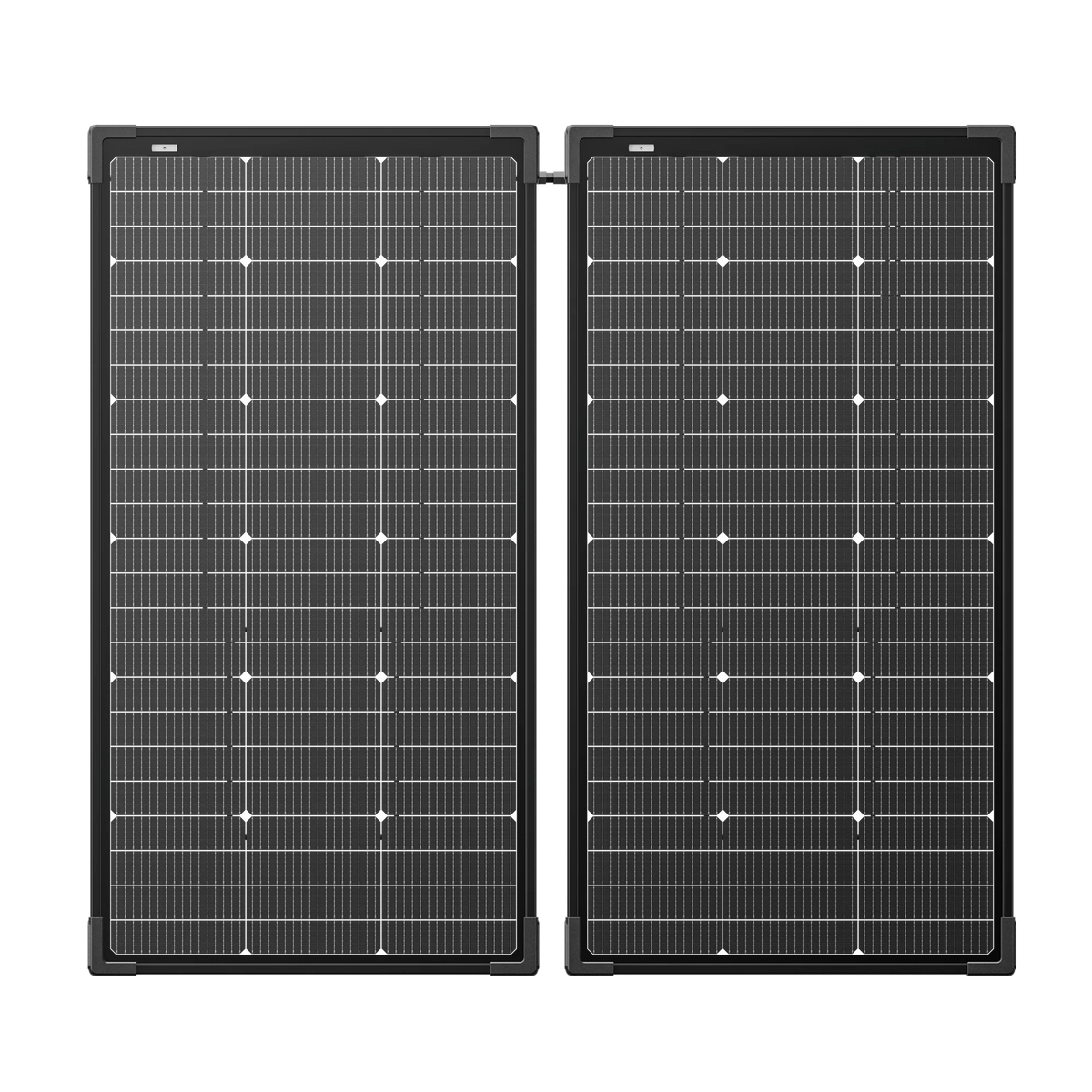 Two Ecoflow rectangular solar panels with a grid of small white dots and lines are placed side by side, highlighting their modular design for flexible installation and high conversion efficiency against a plain background.