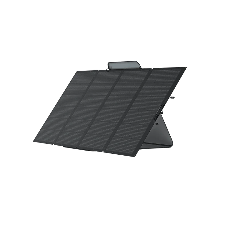 The EcoFlow portable foldable solar panel features four black rectangular sections and a rear stand, angled against a white background—perfect for charging your EcoFlow Delta Pro solar generator, which offers up to 3600W output.