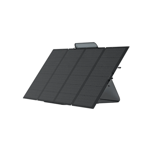 The Ecoflow portable black solar panel features four rectangular sections and a foldable design, propped up on a stand against a white background.