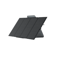 The Ecoflow portable black solar panel features four rectangular sections and a foldable design, propped up on a stand against a white background.