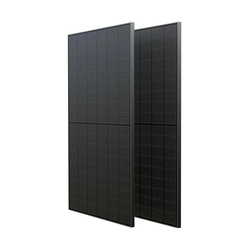 Two black Ecoflow solar panels with monocrystalline cells stand upright side by side against a white background. Each panel features a grid-like pattern of small cells and a slim, modern frame.