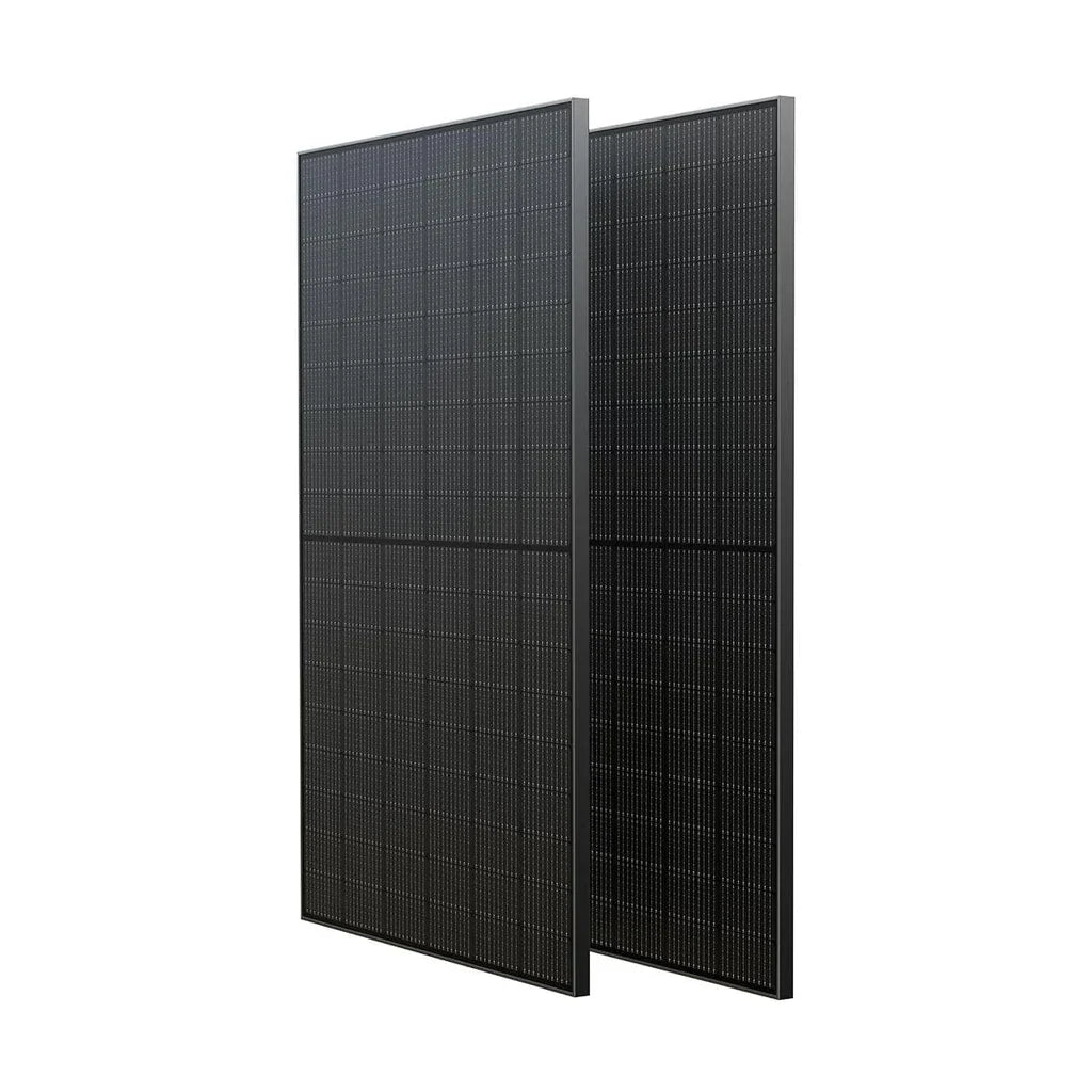 Two black Ecoflow solar panels with monocrystalline cells stand upright side by side against a white background. Each panel features a grid-like pattern of small cells and a slim, modern frame.