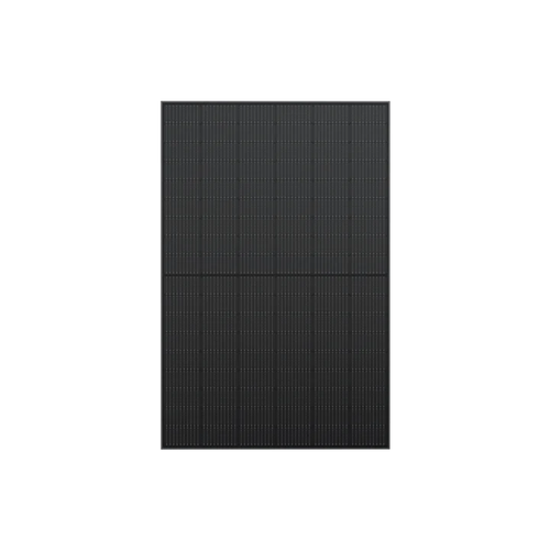An Ecoflow rectangular black solar panel with a grid pattern and efficient monocrystalline cells is displayed against a plain white background.