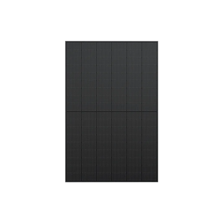 An Ecoflow rectangular black solar panel with a grid pattern and efficient monocrystalline cells is displayed against a plain white background.