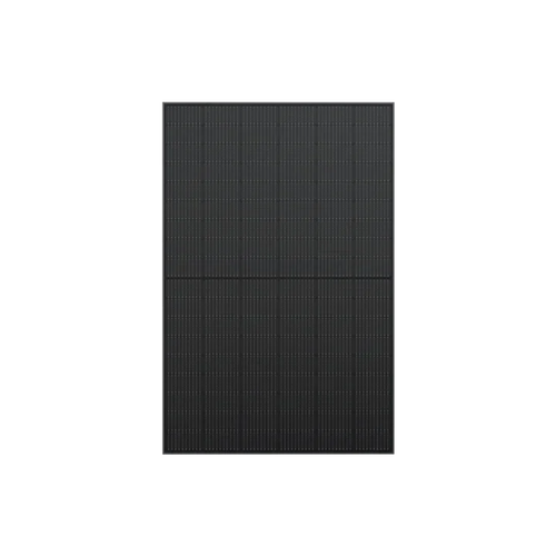 A square, black Ecoflow solar panel featuring a grid pattern of monocrystalline cells is shown front-facing against a plain black background, with a white rectangular tab extending from the upper right side.