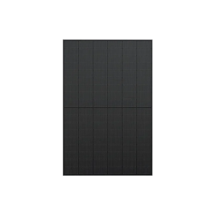 A square, black Ecoflow solar panel featuring a grid pattern of monocrystalline cells is shown front-facing against a plain black background, with a white rectangular tab extending from the upper right side.