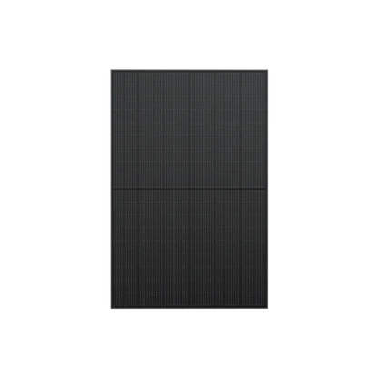 A square, black Ecoflow solar panel featuring a grid pattern of monocrystalline cells is shown front-facing against a plain black background, with a white rectangular tab extending from the upper right side.
