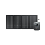 Four Ecoflow black solar panels are set up side by side, linked by a cable to a portable power station featuring an LFP battery, display screen, and control buttons. The background is plain and uncluttered.