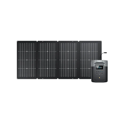 Four Ecoflow black solar panels are set up side by side, linked by a cable to a portable power station featuring an LFP battery, display screen, and control buttons. The background is plain and uncluttered.