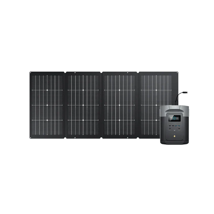 Four Ecoflow black solar panels are set up side by side, linked by a cable to a portable power station featuring an LFP battery, display screen, and control buttons. The background is plain and uncluttered.