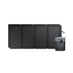 A set of four connected black Ecoflow solar panels stands upright beside a portable power station with a digital display and buttons on the front, ensuring safe use with advanced BMS protection.