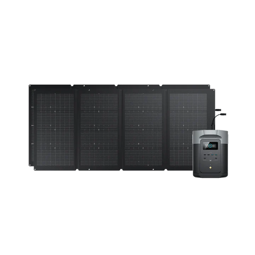A set of four connected black Ecoflow solar panels stands upright beside a portable power station with a digital display and buttons on the front, ensuring safe use with advanced BMS protection.