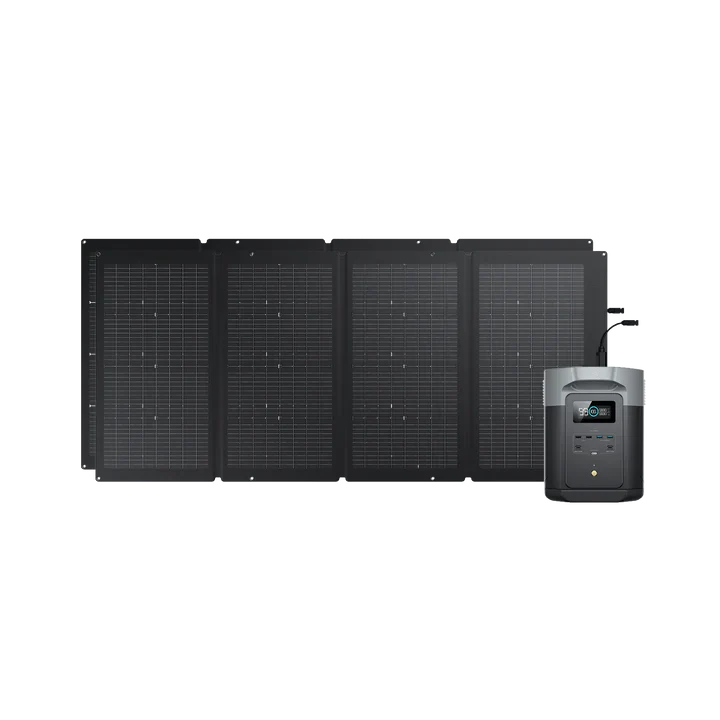A set of four connected black Ecoflow solar panels stands upright beside a portable power station with a digital display and buttons on the front, ensuring safe use with advanced BMS protection.