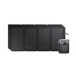Ecoflows portable solar power system includes four connected black panels and a compact rectangular power station with a digital display, multiple ports, LFP battery, and advanced BMS protection.