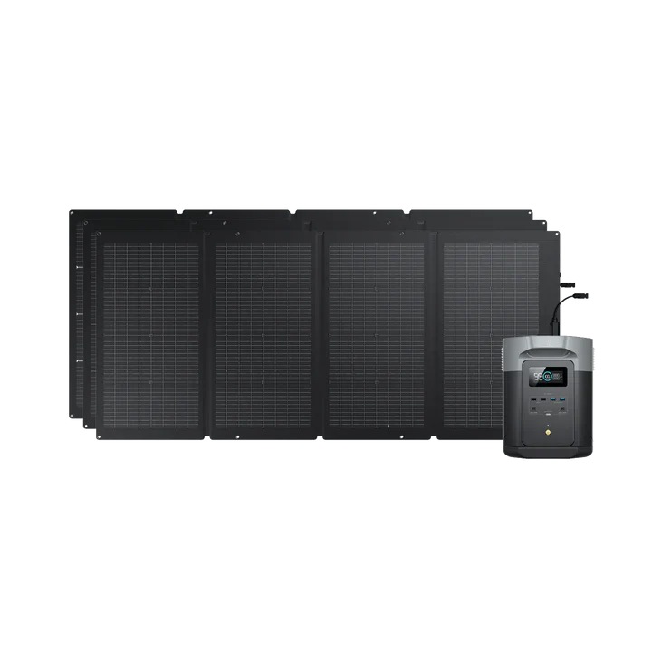 Ecoflows portable solar power system includes four connected black panels and a compact rectangular power station with a digital display, multiple ports, LFP battery, and advanced BMS protection.