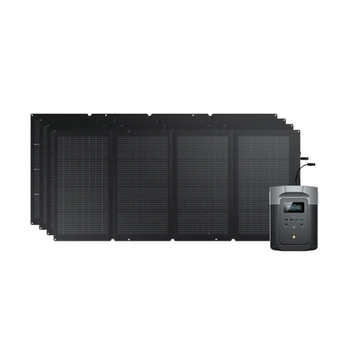 Six Ecoflow black solar panels are arranged side by side in the background, with an Ecoflow portable power station featuring a display screen, control buttons, and advanced BMS protection positioned at the front right.